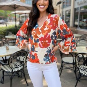 NWOT Floral V-Neck Blouse, Flowy Sleeve Lightweight Boho Top Sz XL